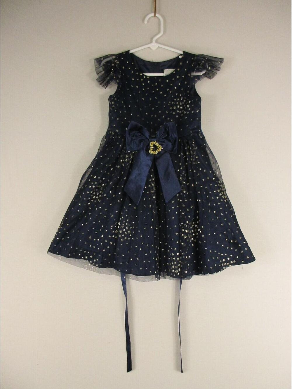 Rare Editions Dress Girls 4T Navy Gold Polka Dot Party Formal Tulle Sparkle Bow